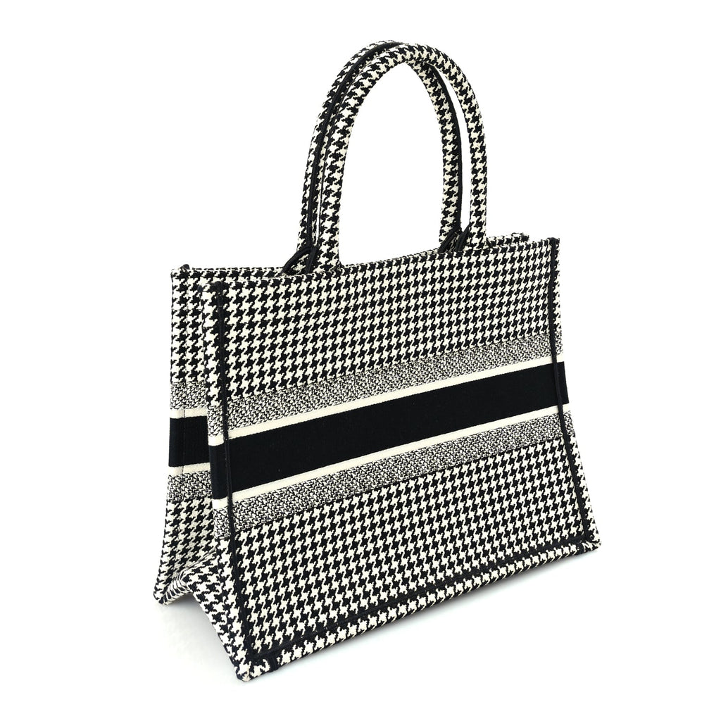 Christian Dior Canvas Houndstooth Embroidered Medium Book Tote  Black White