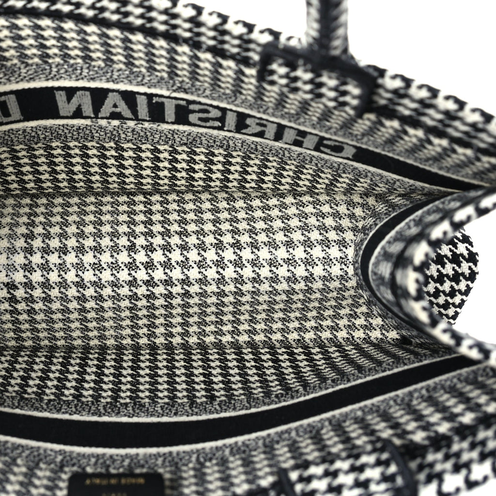 Christian Dior Canvas Houndstooth Embroidered Medium Book Tote  Black White