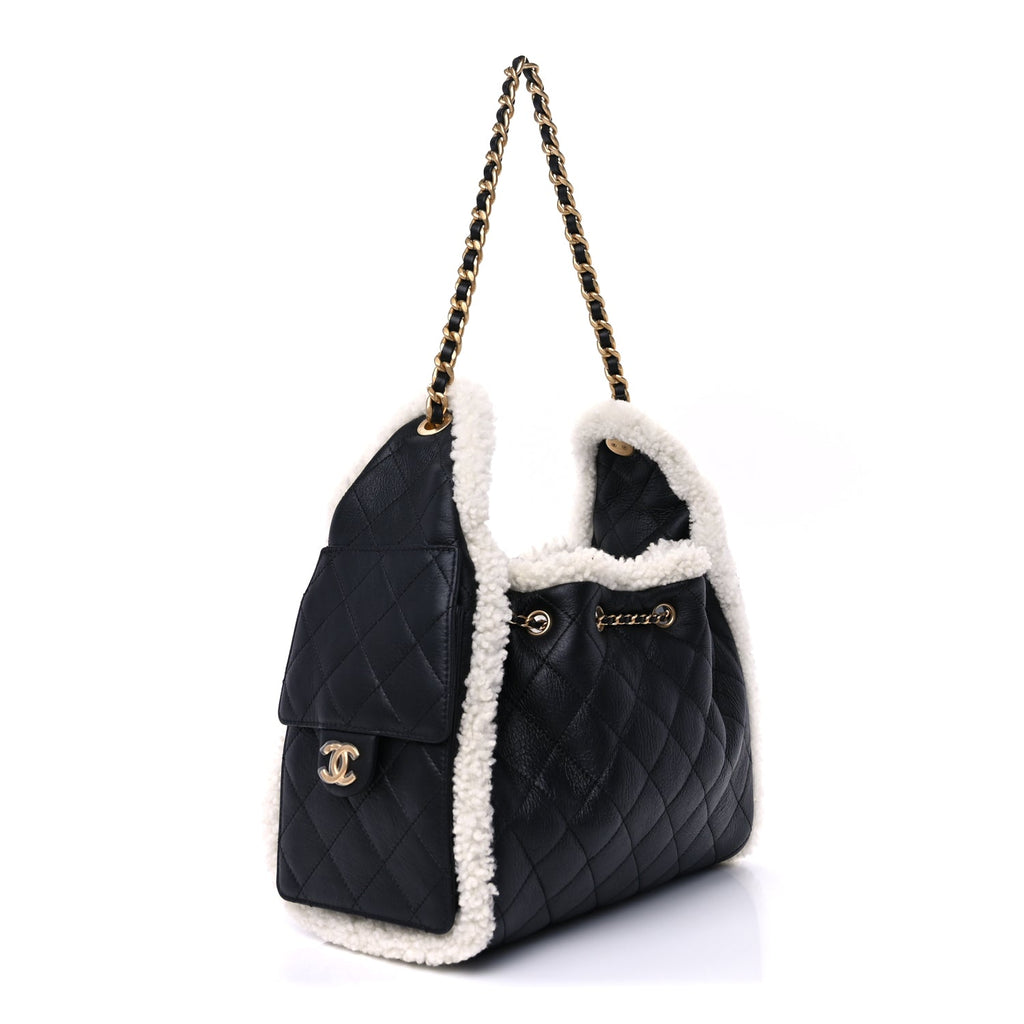 Chanel Crumpled Sheepskin Shearling Quilted Small Chanel 25 Handbag Black White