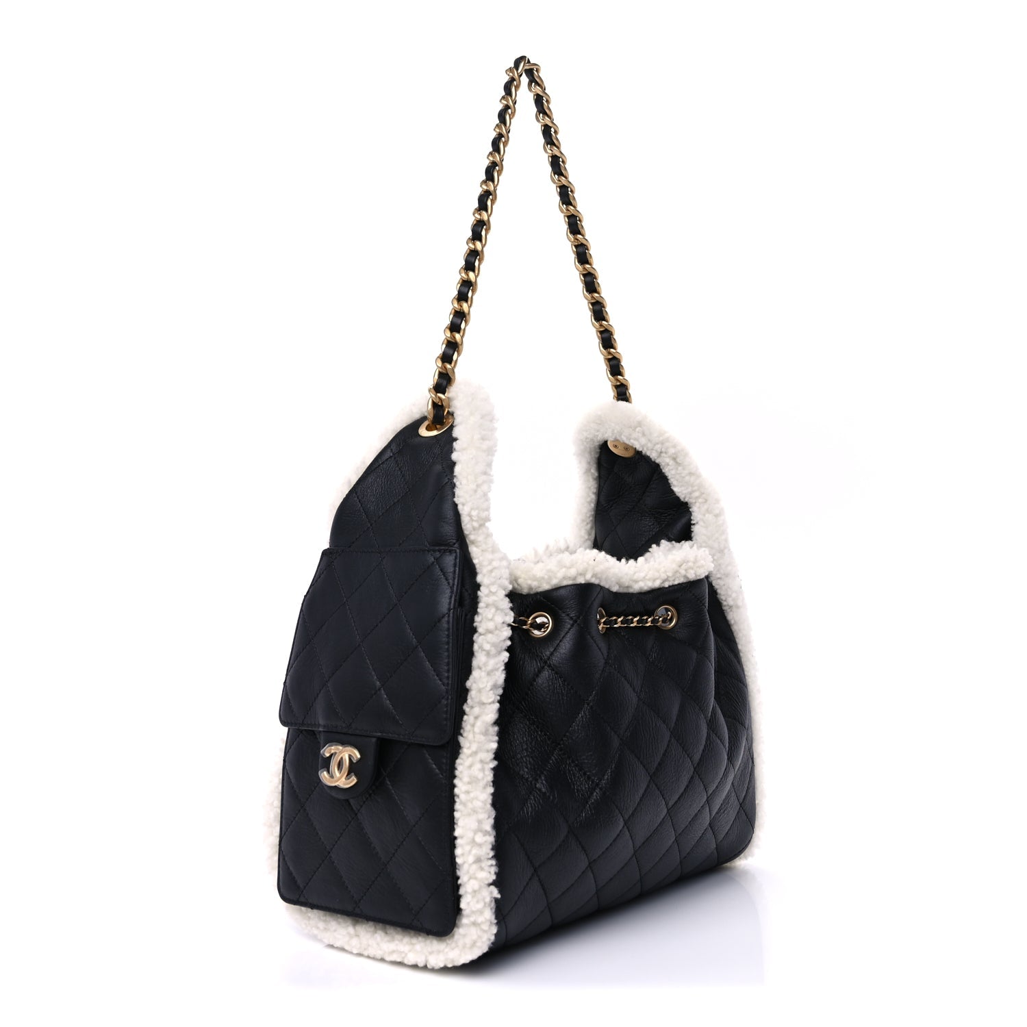 Chanel Crumpled Sheepskin Shearling Quilted Small Chanel 25 Handbag Black White