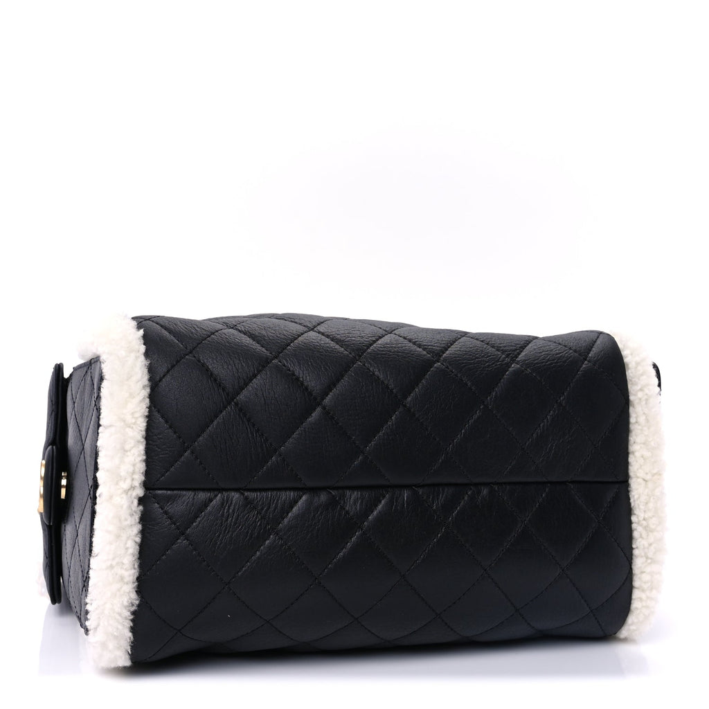 Chanel Crumpled Sheepskin Shearling Quilted Small Chanel 25 Handbag Black White
