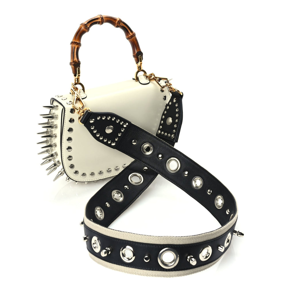Gucci Boarded Dyana Lux Studded Calfskin Web Small Bamboo 1947 Top Handle Bag  Mystic White