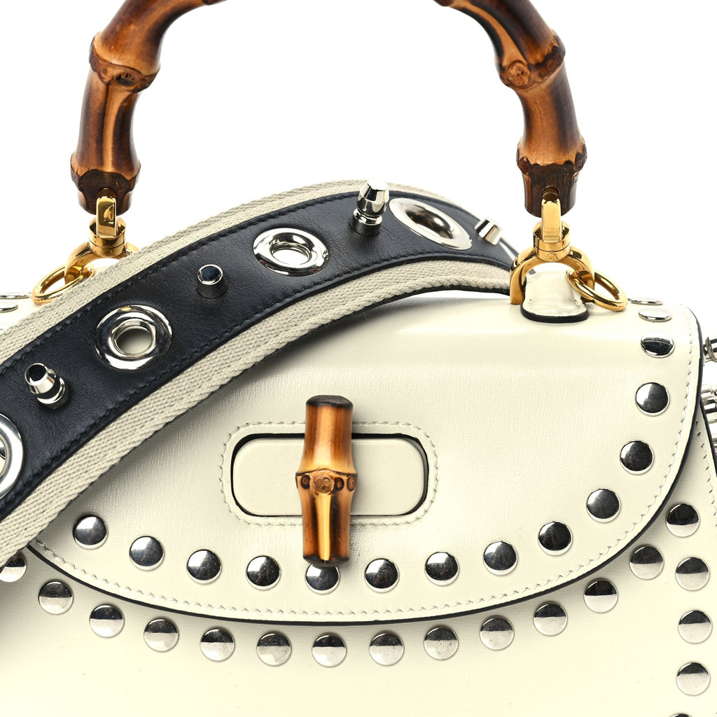 Gucci Boarded Dyana Lux Studded Calfskin Web Small Bamboo 1947 Top Handle Bag  Mystic White