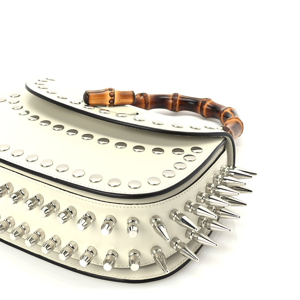 Gucci Boarded Dyana Lux Studded Calfskin Web Small Bamboo 1947 Top Handle Bag  Mystic White