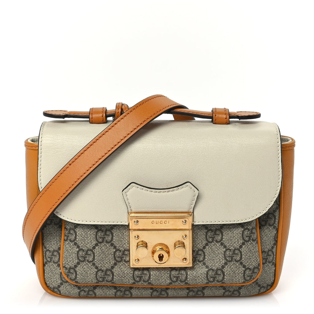 Gucci GG Supreme Monogram Calfskin Mini Padlock Flap Pocket Shoulder Bag Mystic White Sun Oil