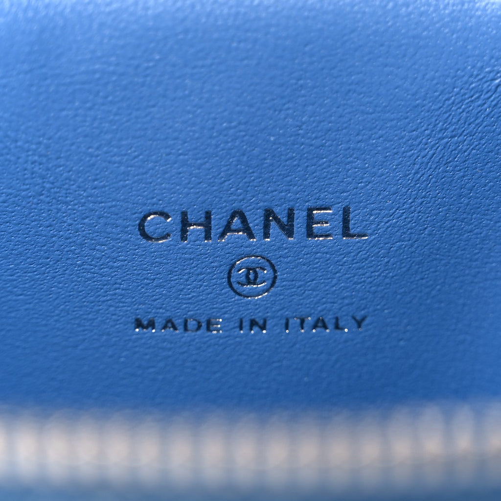 Chanel Denim Quilted Camellia Sweetheart Mini Vanity Case With Chain Blue