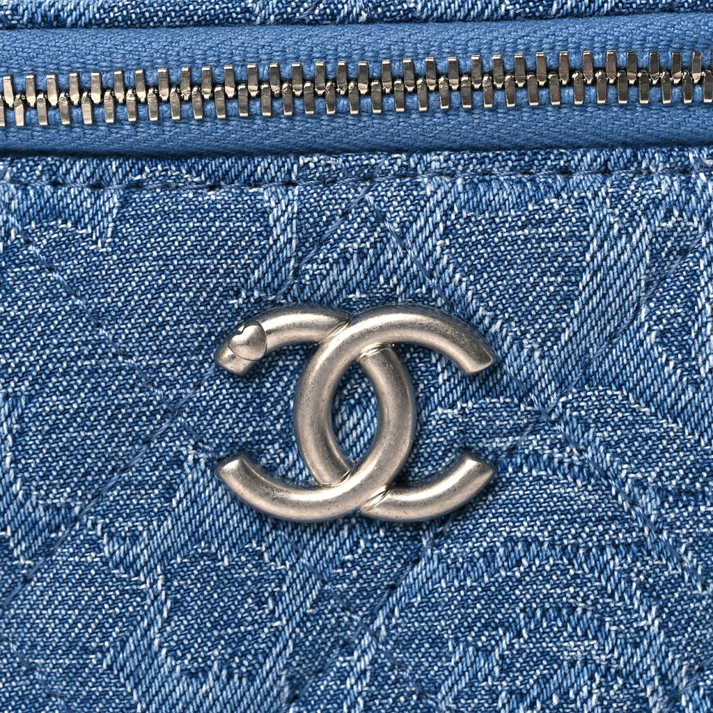 Chanel Denim Quilted Camellia Sweetheart Mini Vanity Case With Chain Blue