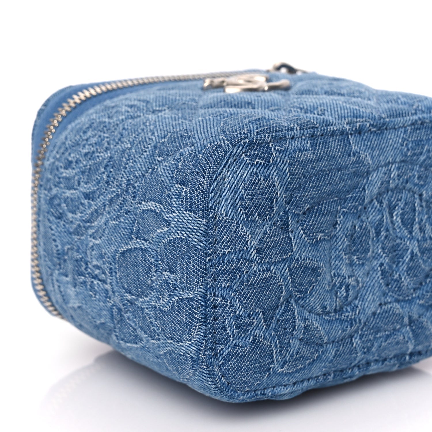Chanel Denim Quilted Camellia Sweetheart Mini Vanity Case With Chain Blue