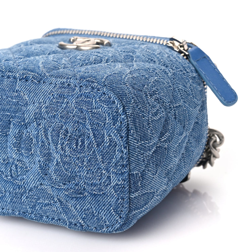 Chanel Denim Quilted Camellia Sweetheart Mini Vanity Case With Chain Blue