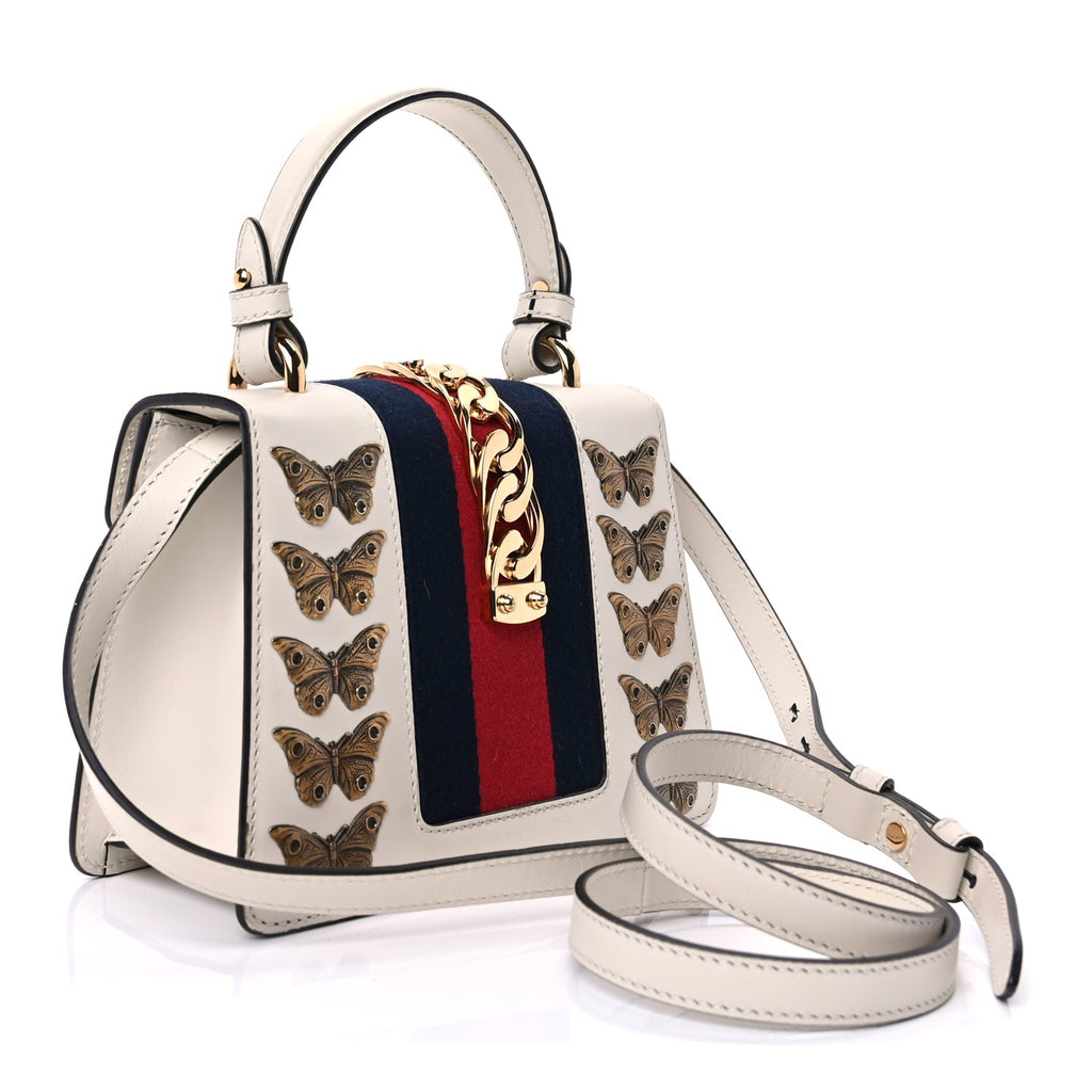 Gucci Calfskin Animal Studs Mini Sylvie Top Handle Bag White