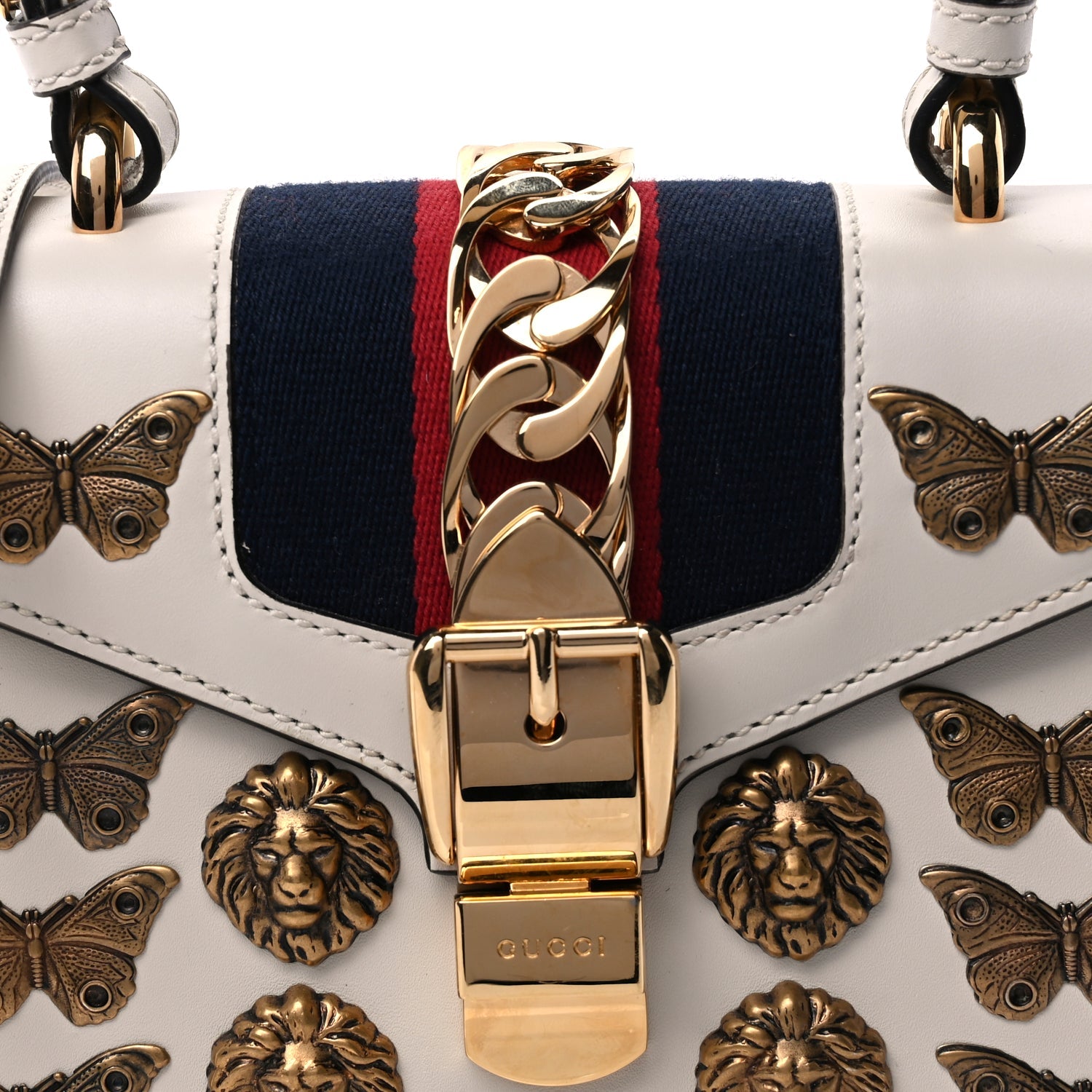 Gucci Calfskin Animal Studs Mini Sylvie Top Handle Bag White
