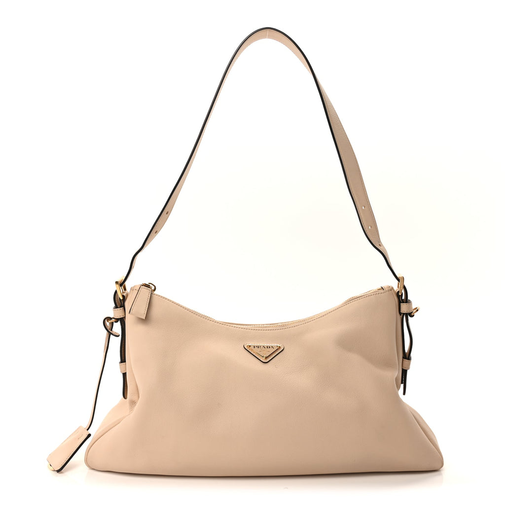 Prada Soft Calfskin Large Aimée Shoulder Bag  Travertine