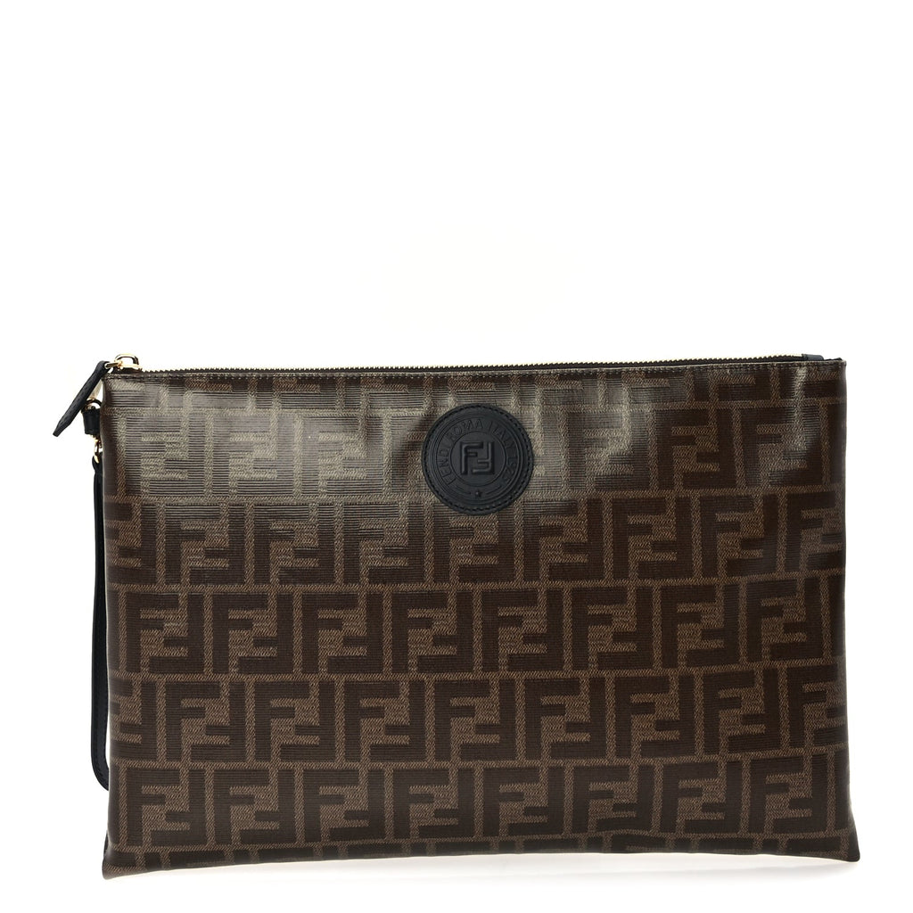Fendi Glazed Fabric Vitello Century FF 1974 Stamp Patch Large Flat Pouch  Mogano Panna Black