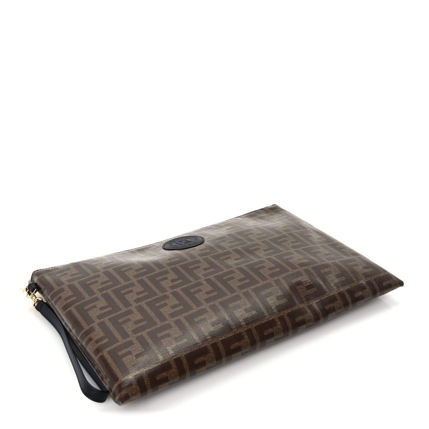Fendi Glazed Fabric Vitello Century FF 1974 Stamp Patch Large Flat Pouch  Mogano Panna Black