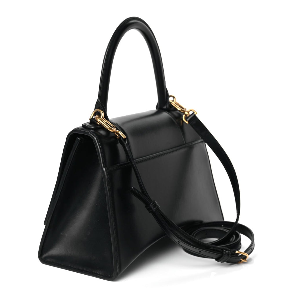 Balenciaga Shiny Box Calfskin Small Hourglass Top Handle Bag Black
