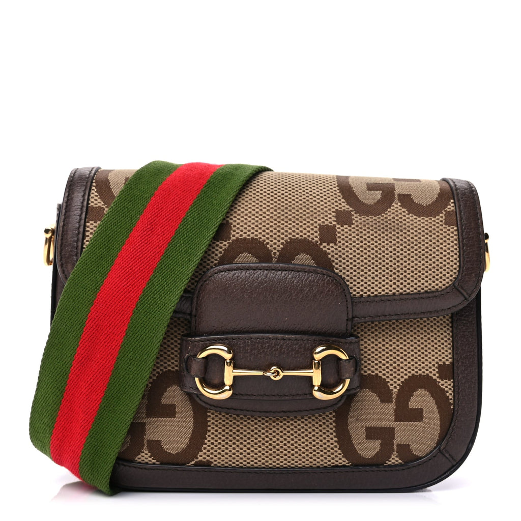 Gucci Monogram Jumbo GG Textured Dollar Calfskin Web Mini Horsebit 1955 Shoulder Bag Camel Ebony New Acero
