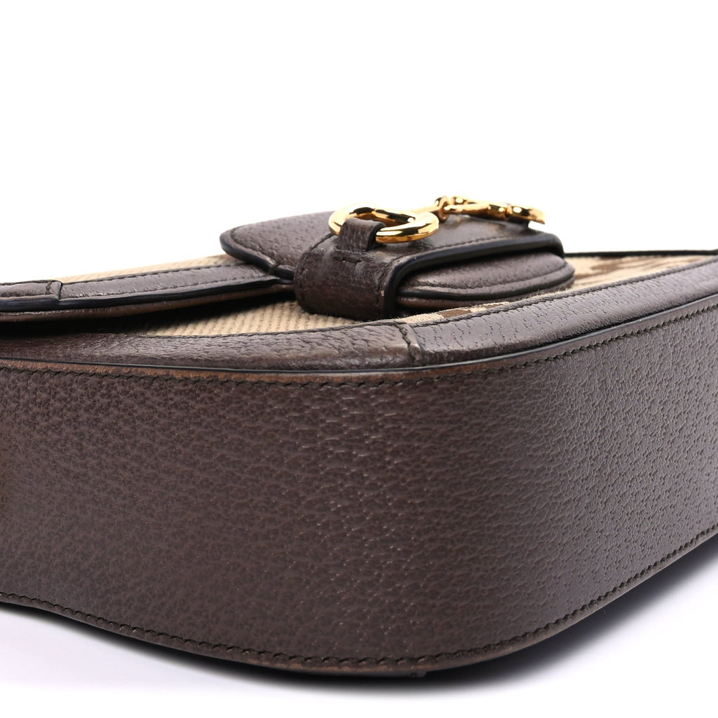 Gucci Monogram Jumbo GG Textured Dollar Calfskin Web Mini Horsebit 1955 Shoulder Bag Camel Ebony New Acero
