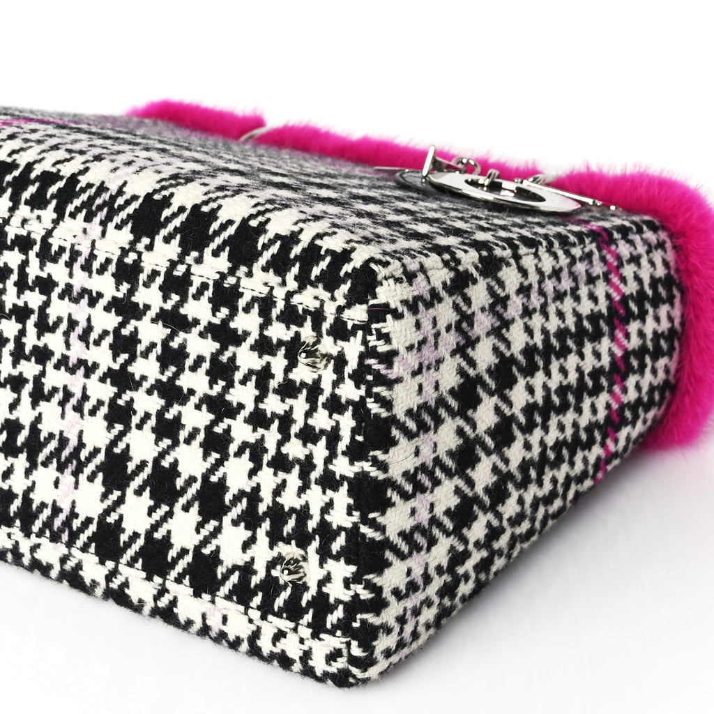Christian Dior Tweed Crocodile Mink Plaid Medium Lady Dior Black Pink White
