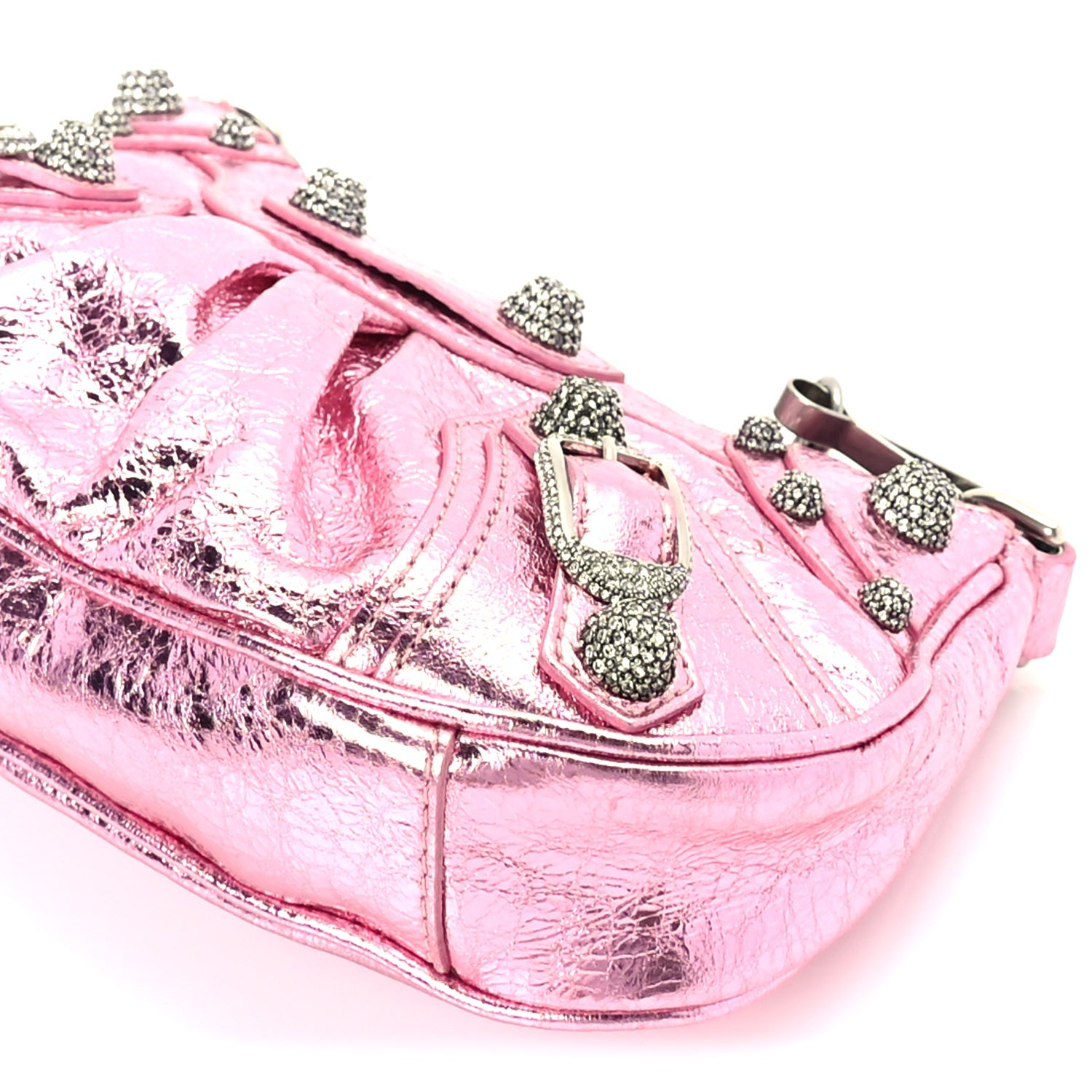 Balenciaga Metallic Agneau Arena Crystal Le Cagole Mini Purse With Chain Met Pink