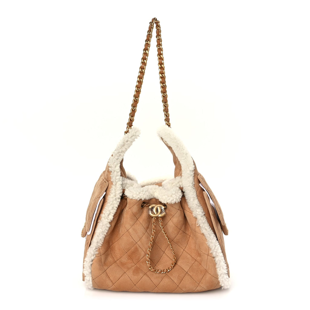 Chanel Suede Shearling Quilted Small Chanel 25 Handbag Beige White