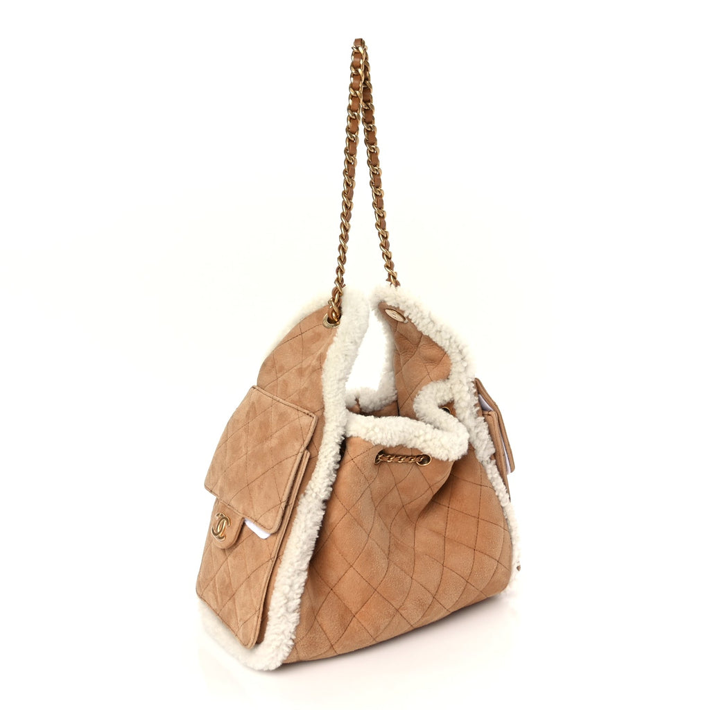 Chanel Suede Shearling Quilted Small Chanel 25 Handbag Beige White