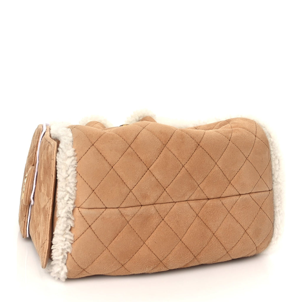 Chanel Suede Shearling Quilted Small Chanel 25 Handbag Beige White