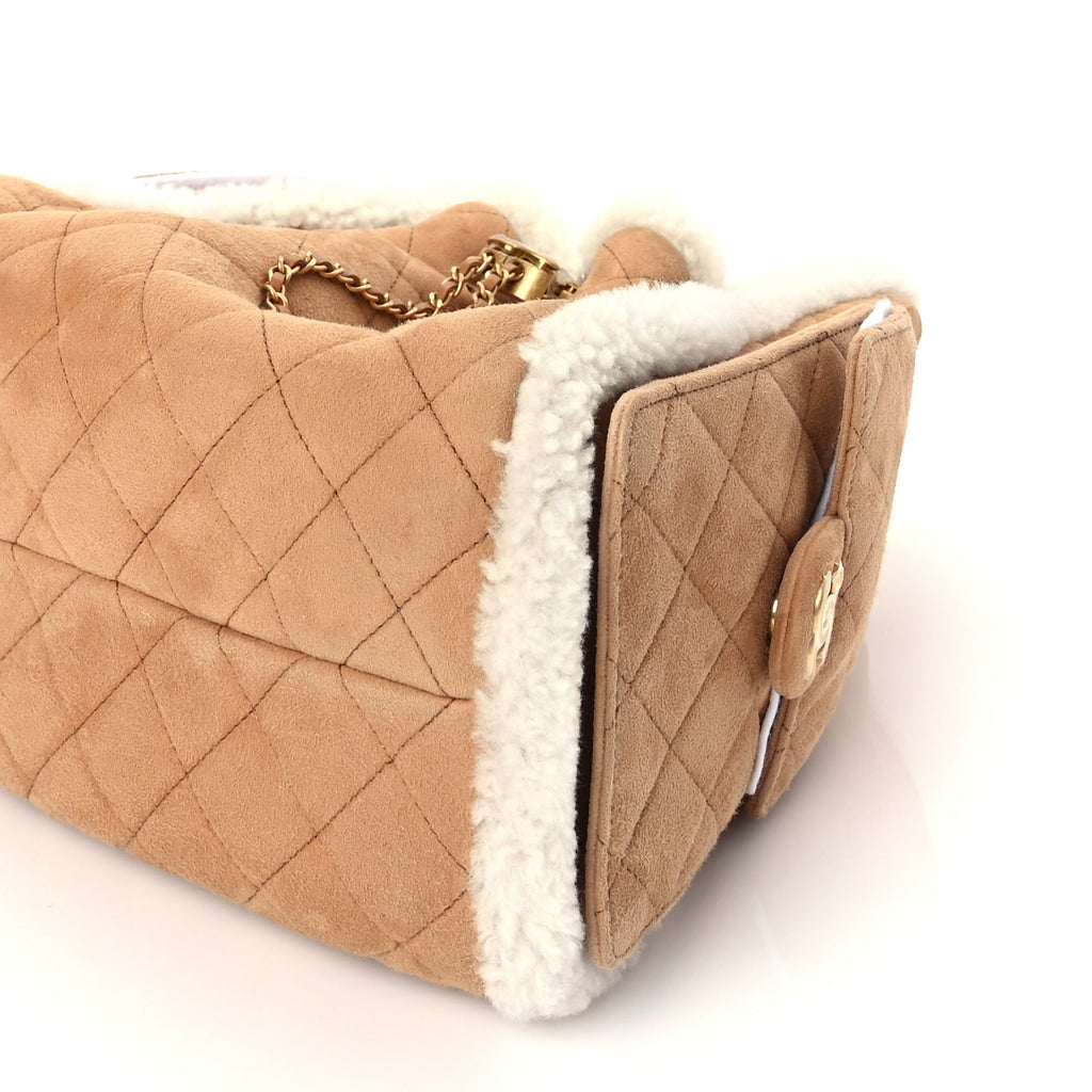 Chanel Suede Shearling Quilted Small Chanel 25 Handbag Beige White