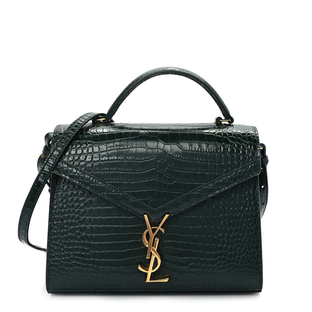Saint Laurent Calfskin Crocodile Embossed Medium Classic Monogram Cassandra Top Handle Dark Mint