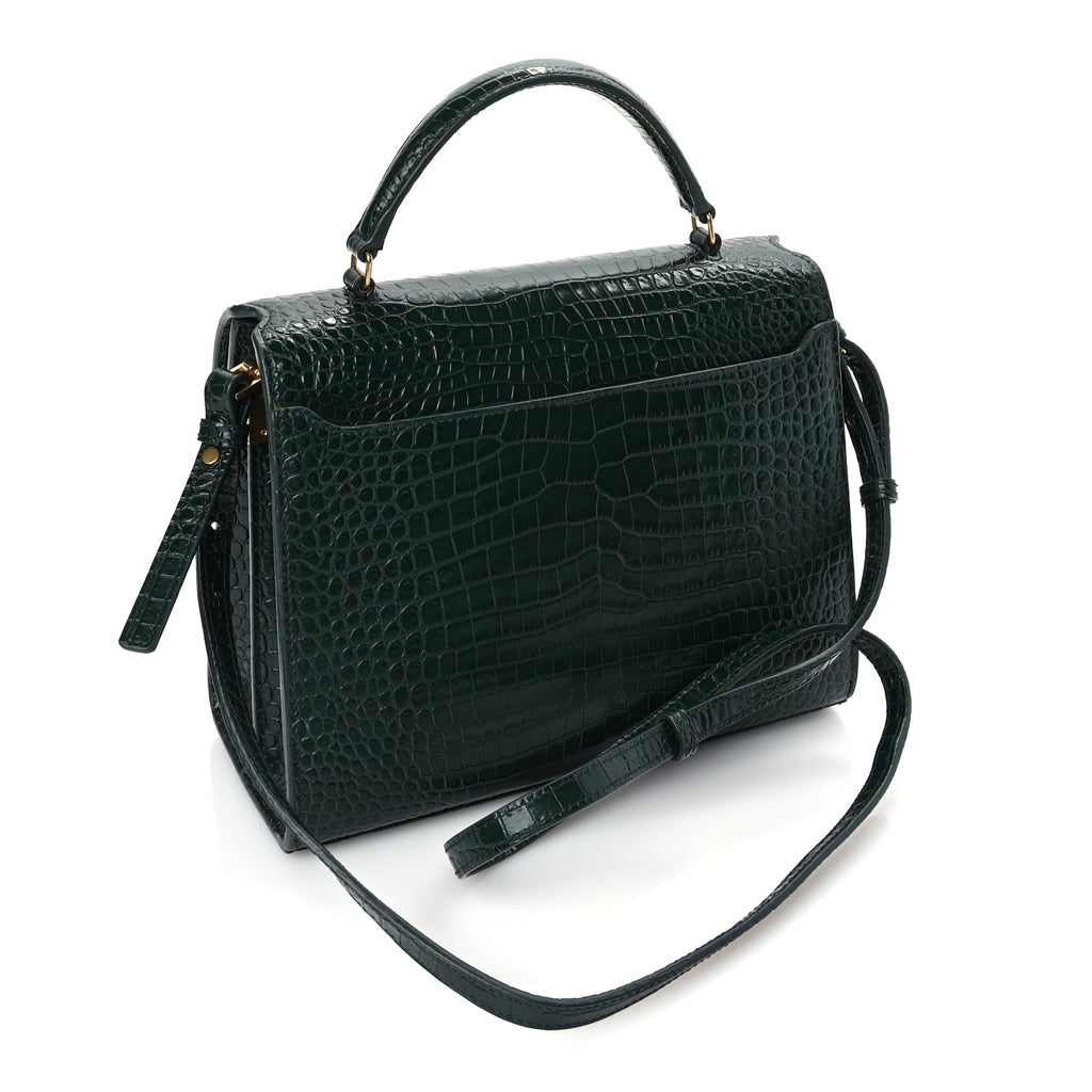 Saint Laurent Calfskin Crocodile Embossed Medium Classic Monogram Cassandra Top Handle Dark Mint