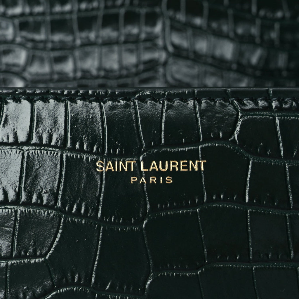Saint Laurent Calfskin Crocodile Embossed Medium Classic Monogram Cassandra Top Handle Dark Mint