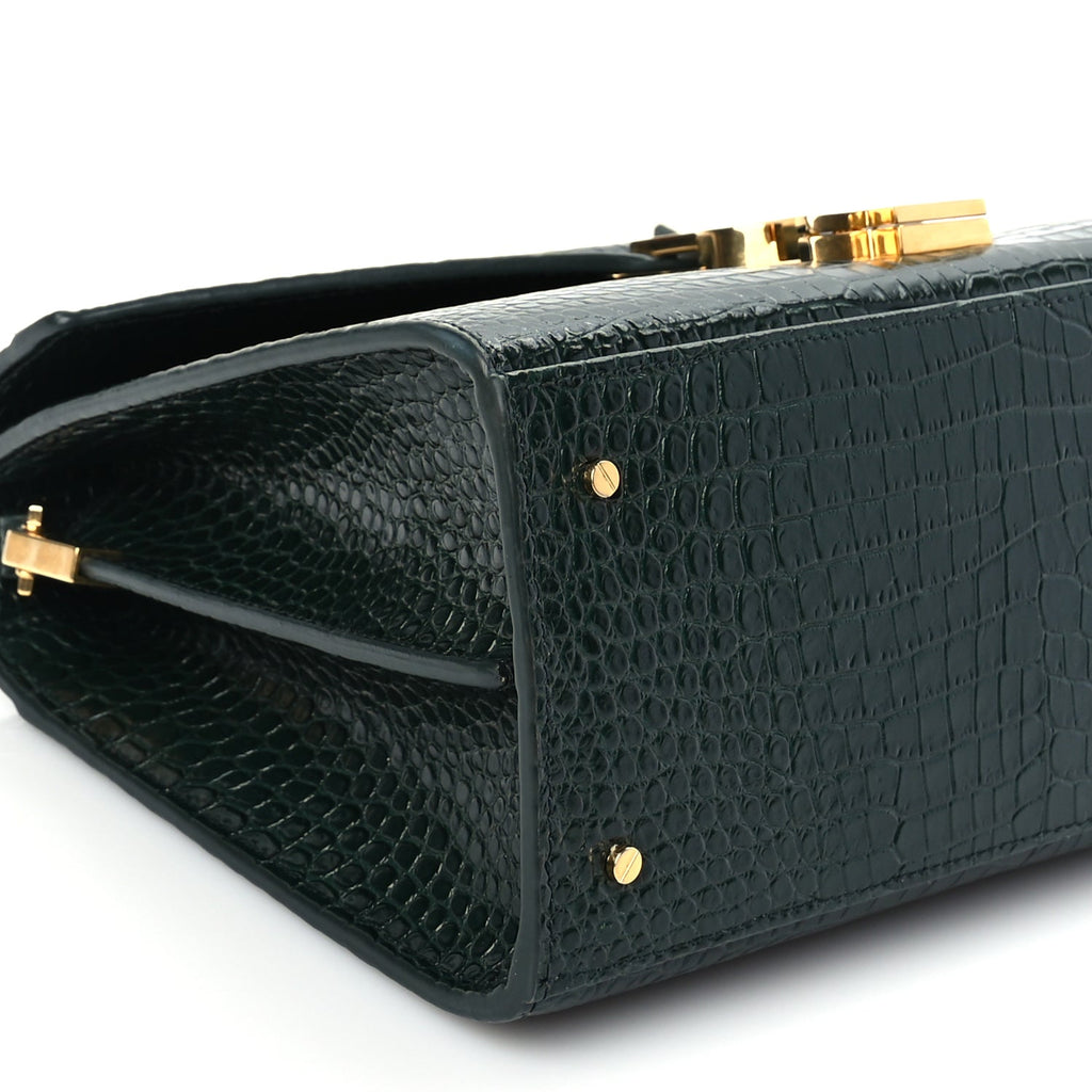 Saint Laurent Calfskin Crocodile Embossed Medium Classic Monogram Cassandra Top Handle Dark Mint