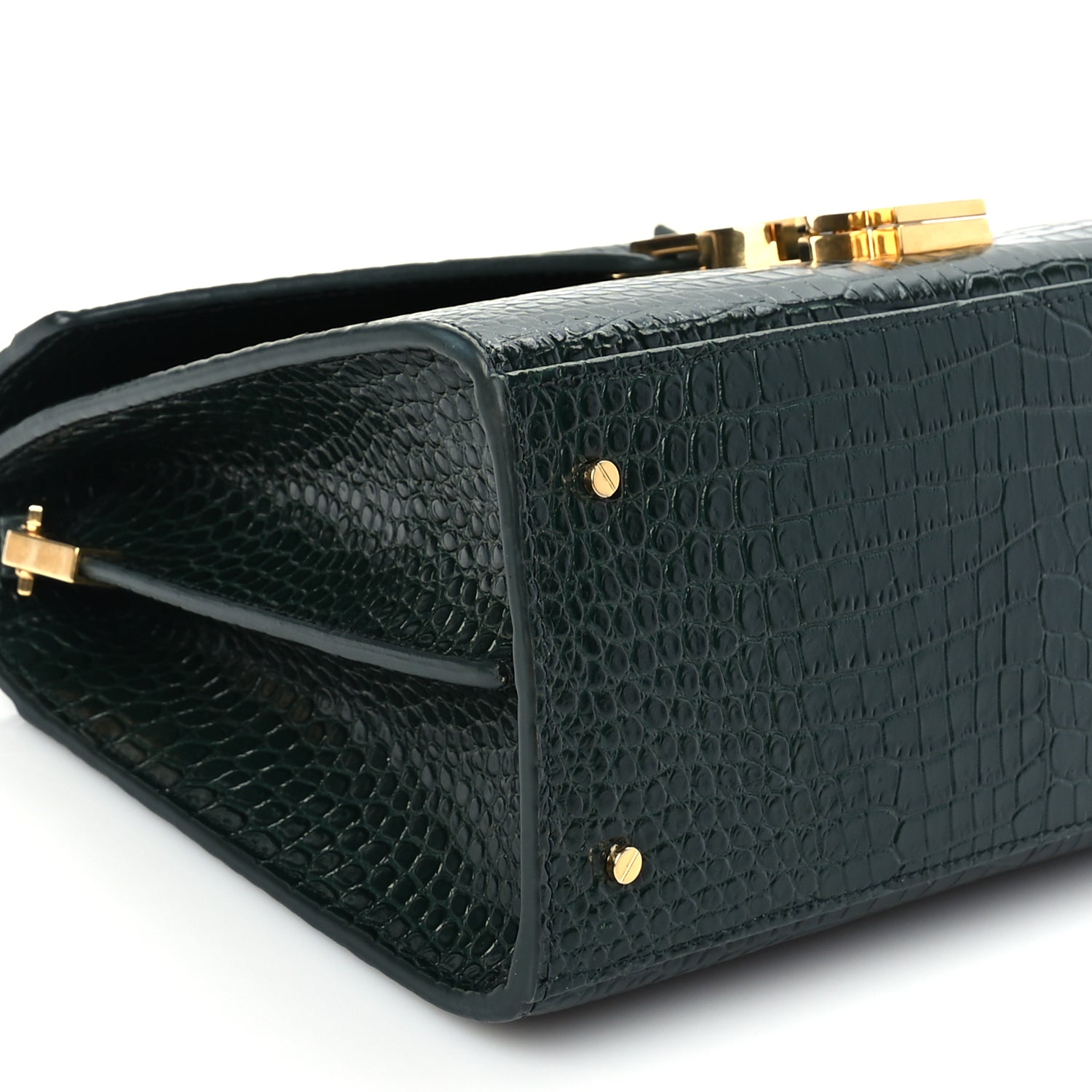 Saint Laurent Calfskin Crocodile Embossed Medium Classic Monogram Cassandra Top Handle Dark Mint