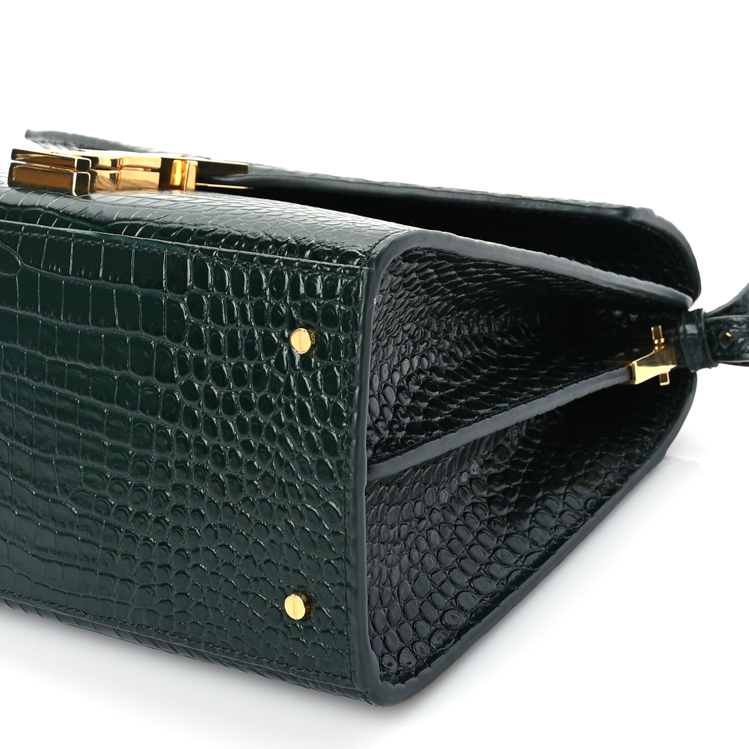 Saint Laurent Calfskin Crocodile Embossed Medium Classic Monogram Cassandra Top Handle Dark Mint