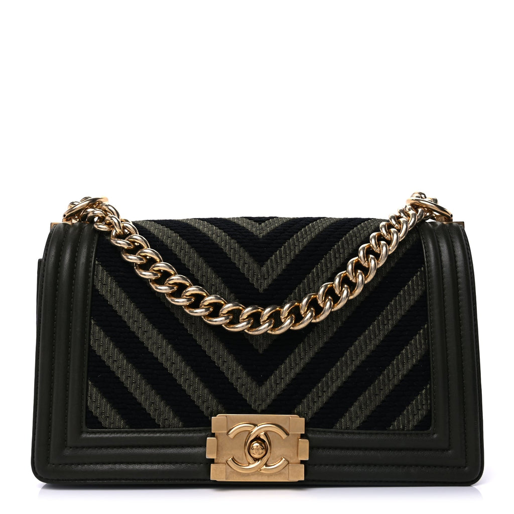 Chanel Fabric Chevron Braided Medium Boy Flap Black Dark Green