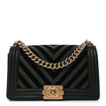 Chanel Fabric Chevron Braided Medium Boy Flap Black Dark Green
