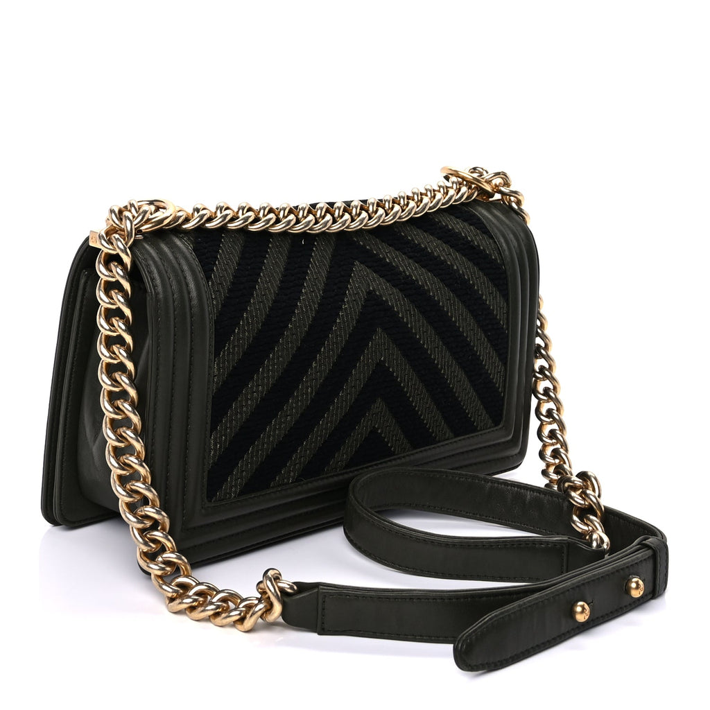 Chanel Fabric Chevron Braided Medium Boy Flap Black Dark Green