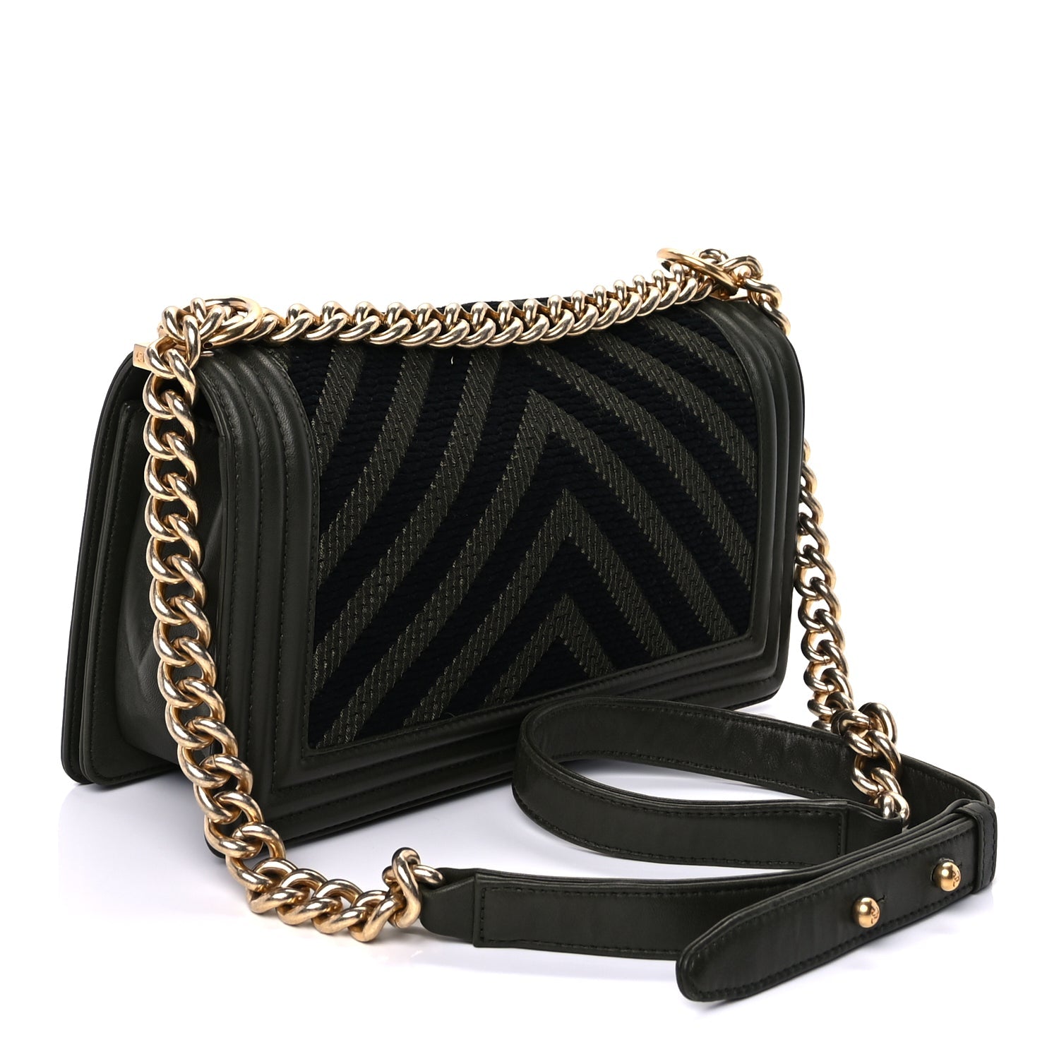 Chanel Fabric Chevron Braided Medium Boy Flap Black Dark Green