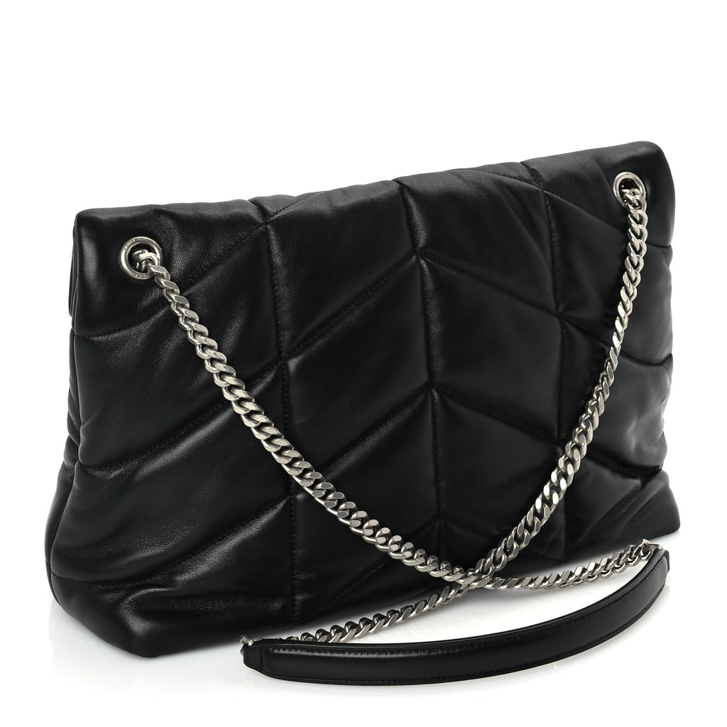 Saint Laurent Lambskin Quilted Medium Loulou Puffer Monogram Chain Satchel Black