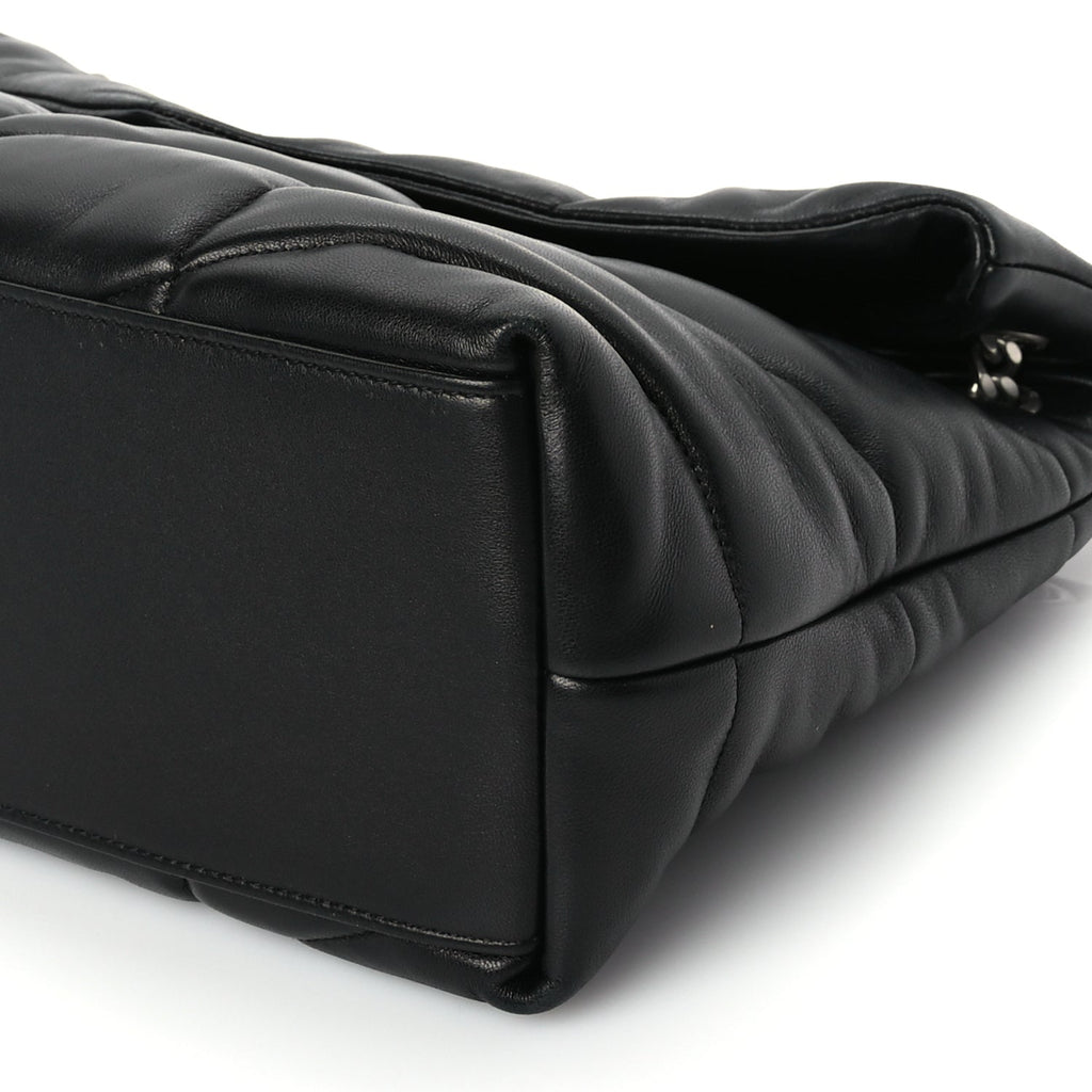 Saint Laurent Lambskin Quilted Medium Loulou Puffer Monogram Chain Satchel Black