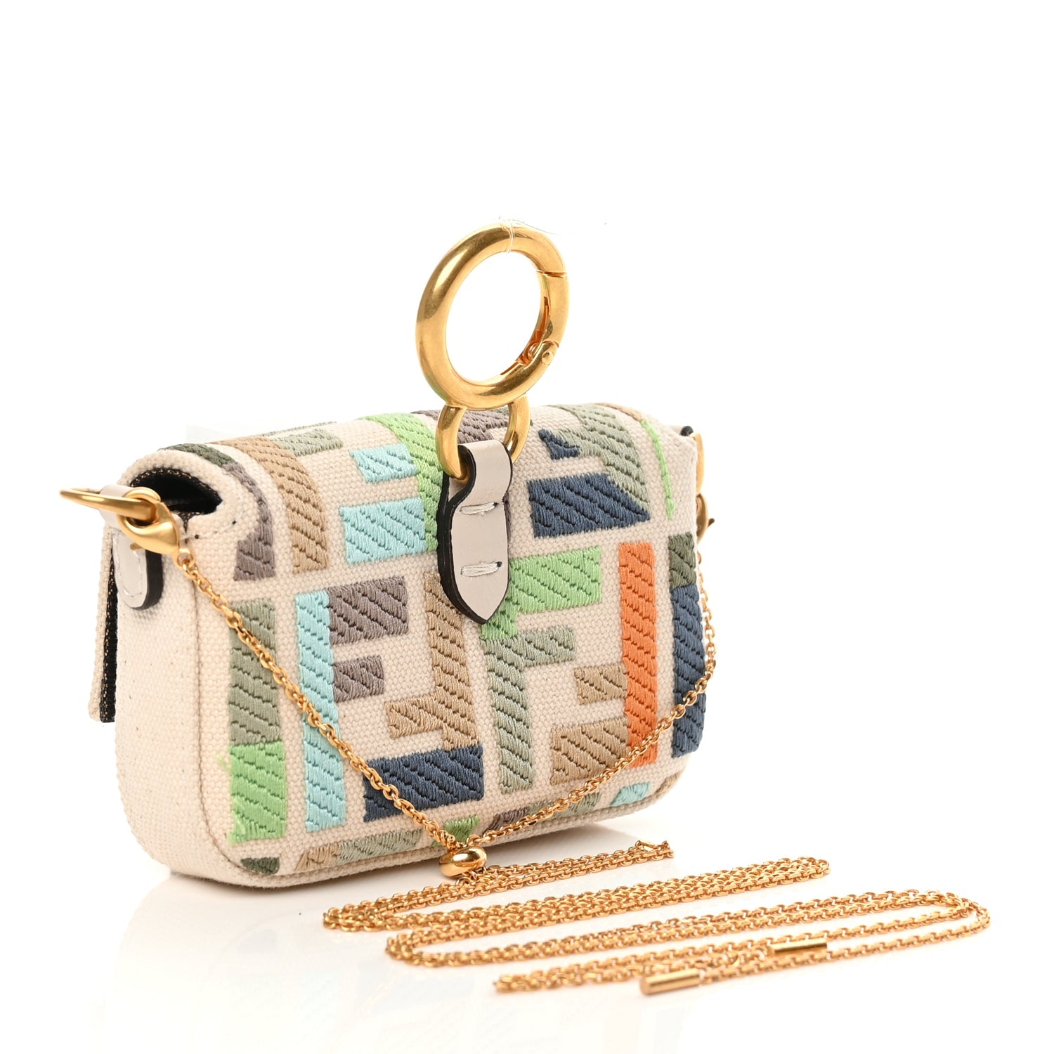 Fendi Canvas Nappa FF Multicolor Embroidered Nano Maxi Buckle Baguette Charm Grezzo Multicolor Latte