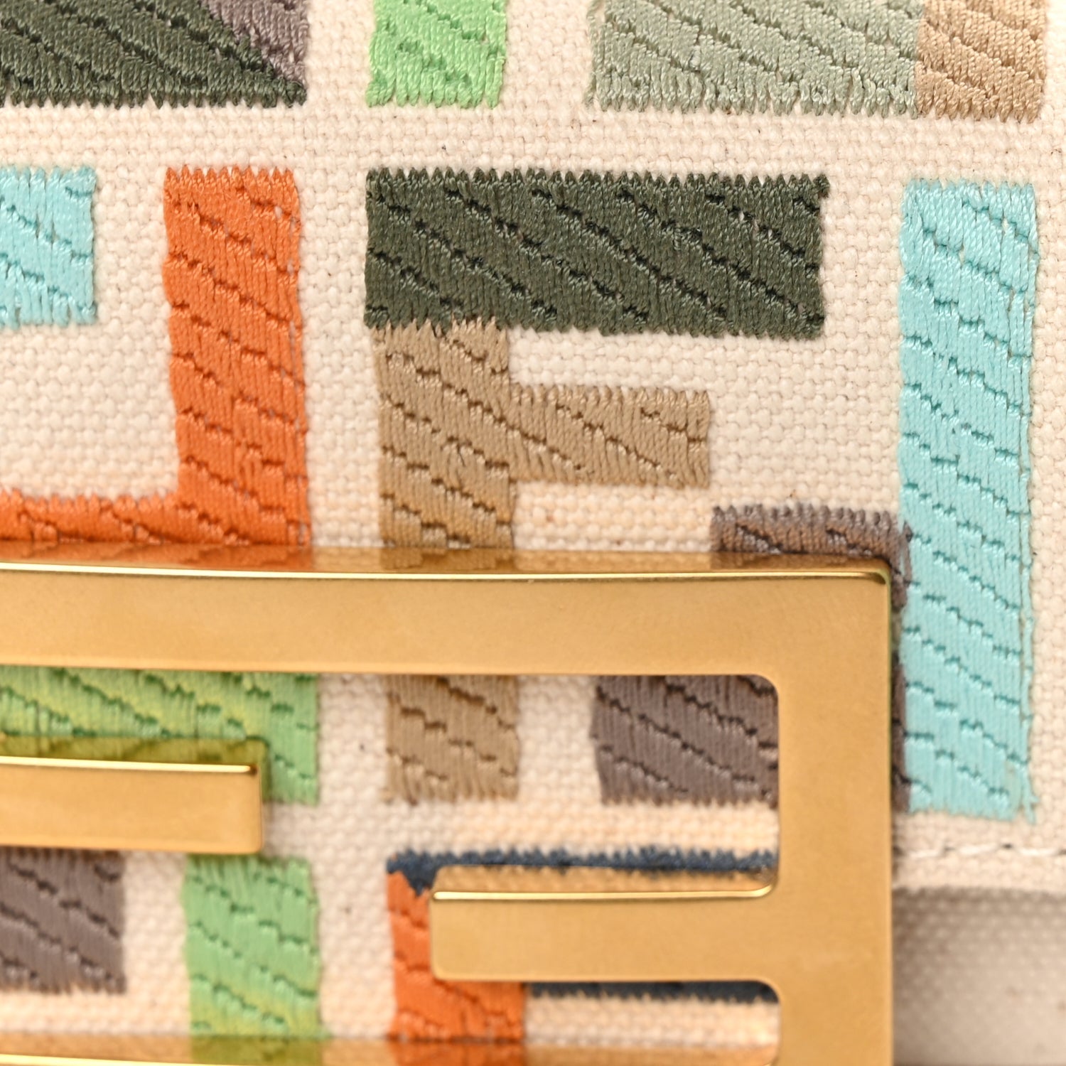 Fendi Canvas Nappa FF Multicolor Embroidered Nano Maxi Buckle Baguette Charm Grezzo Multicolor Latte