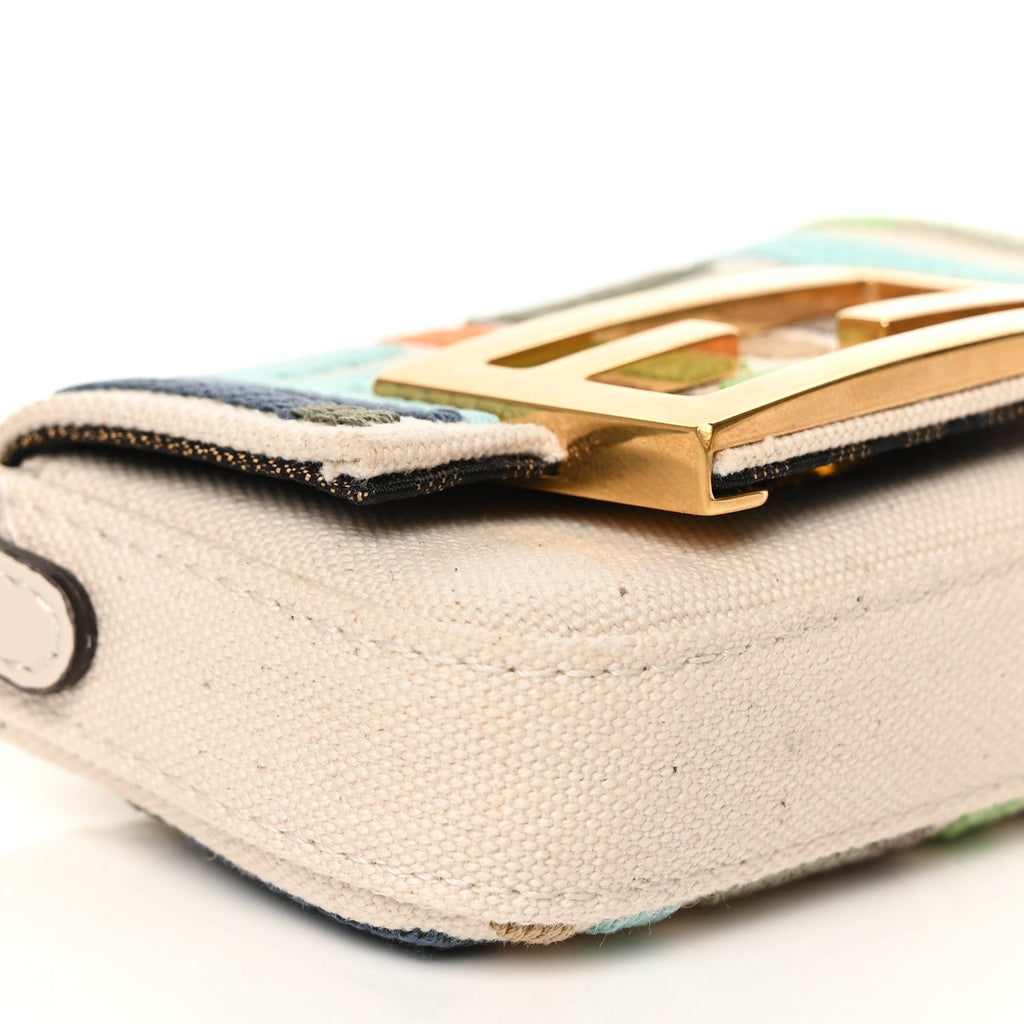 Fendi Canvas Nappa FF Multicolor Embroidered Nano Maxi Buckle Baguette Charm Grezzo Multicolor Latte