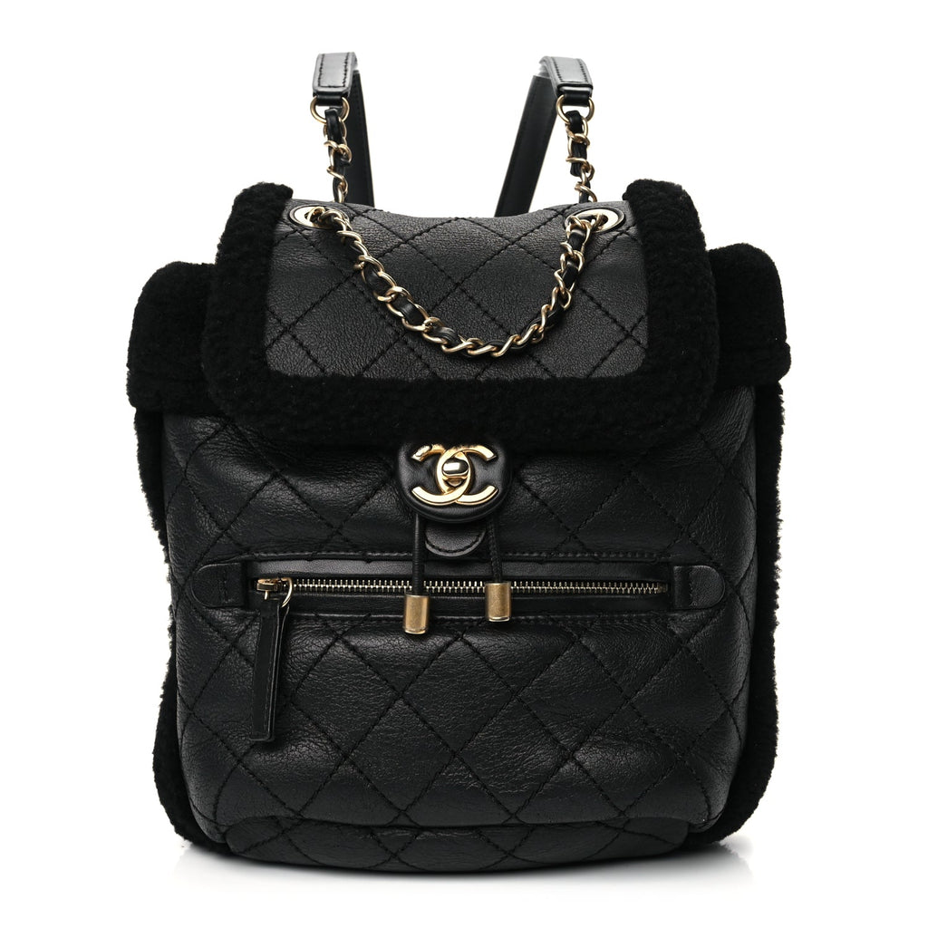 Chanel Lambskin Shearling Quilted CC Backpack Black