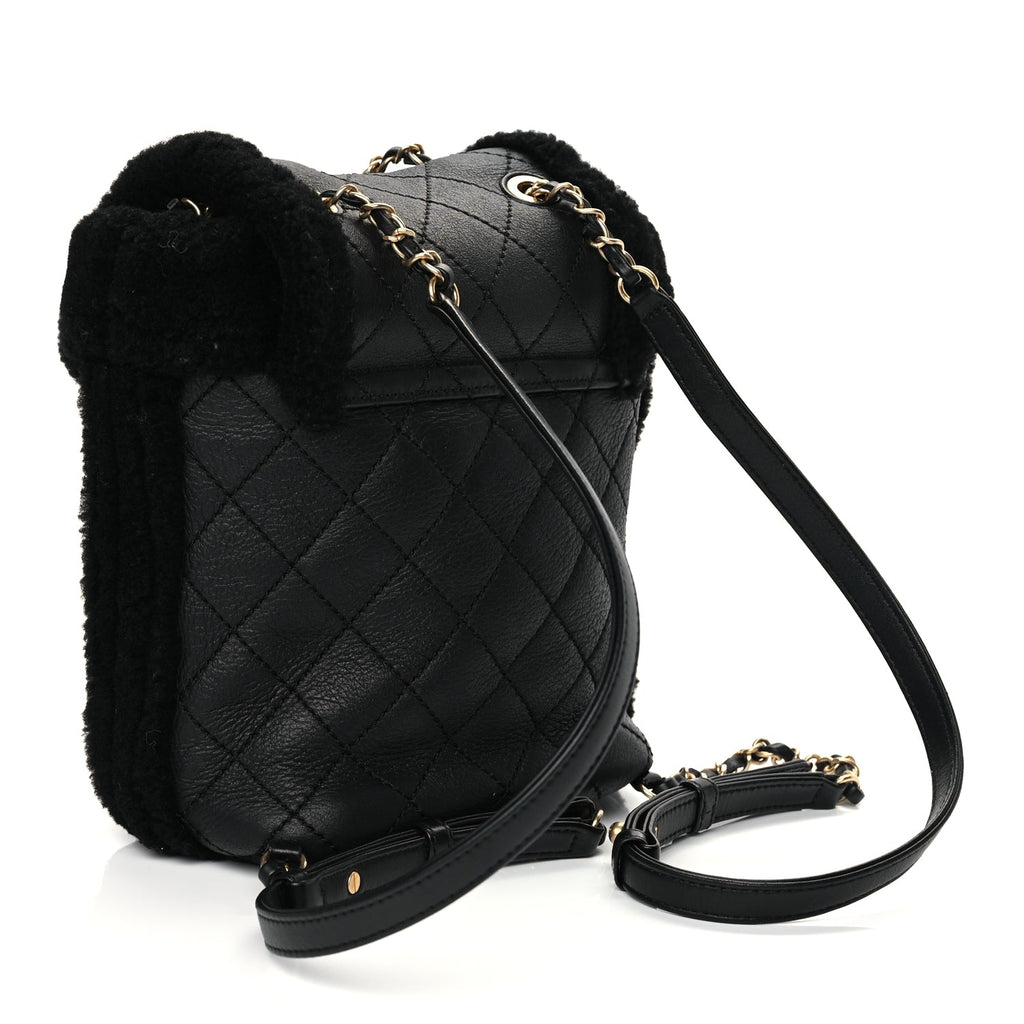 Chanel Lambskin Shearling Quilted CC Backpack Black