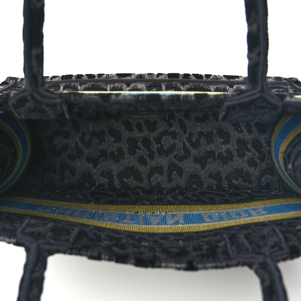 Christian Dior Velvet Mizza Embroidered Medium Leopard Book Tote Black Yellow Blue