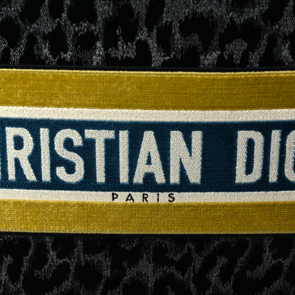 Christian Dior Velvet Mizza Embroidered Medium Leopard Book Tote Black Yellow Blue