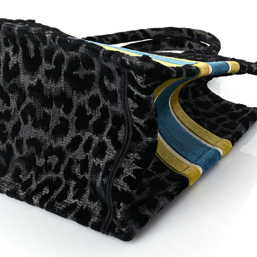 Christian Dior Velvet Mizza Embroidered Medium Leopard Book Tote Black Yellow Blue