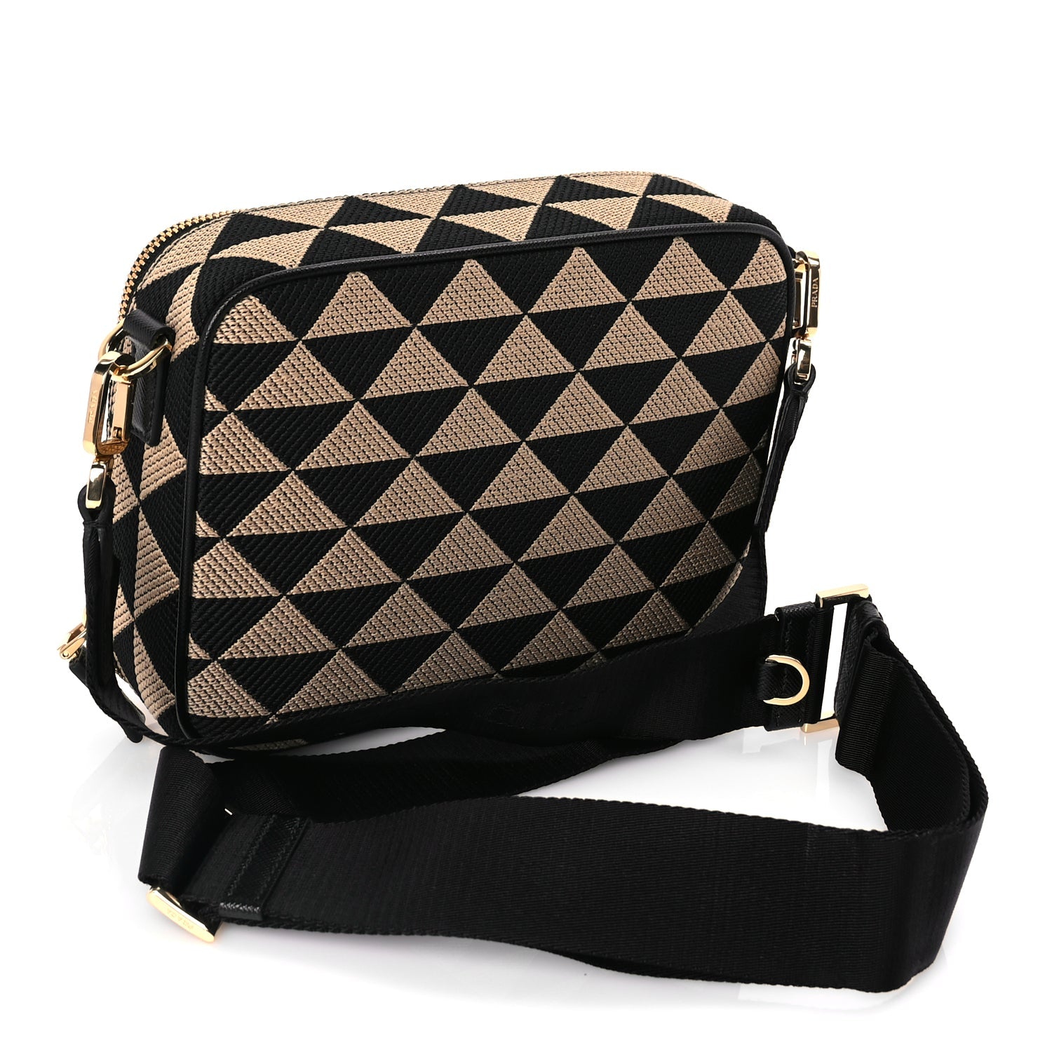 Prada Jacquard Saffiano Triangolo Symbole Embroidered Medium Shoulder Bag Black Corda