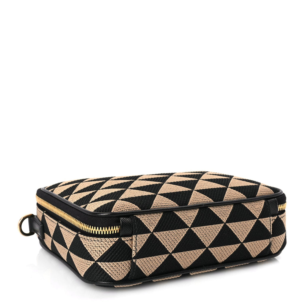 Prada Jacquard Saffiano Triangolo Symbole Embroidered Medium Shoulder Bag Black Corda