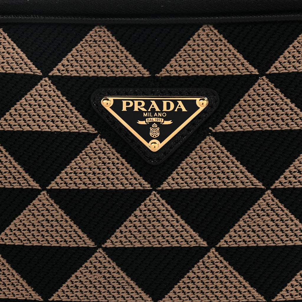 Prada Jacquard Saffiano Triangolo Symbole Embroidered Medium Shoulder Bag Black Corda